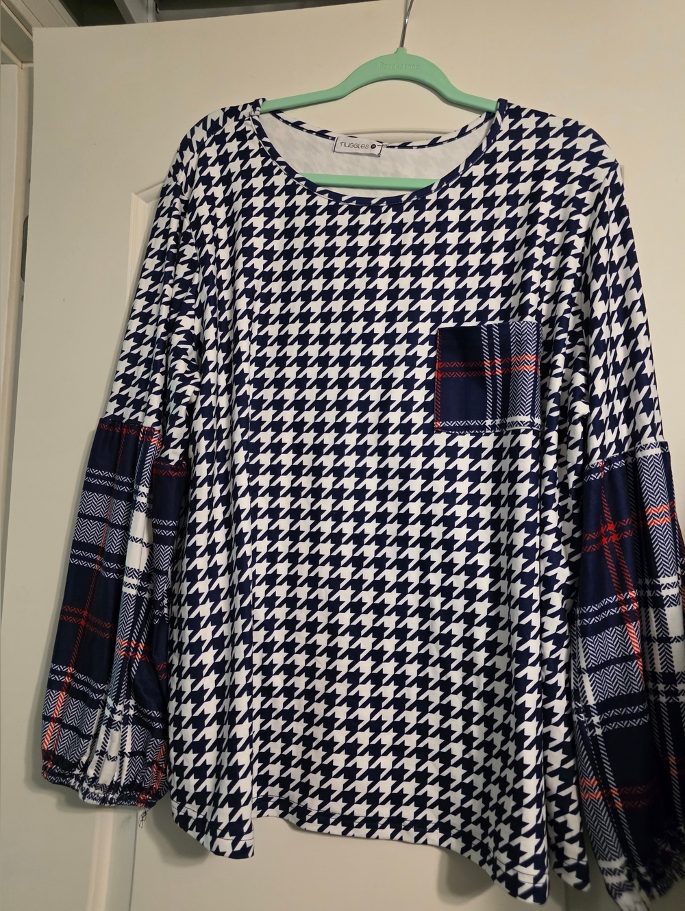 Nuggles Navy Houndstooth Top with Plaid Accents